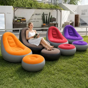 Canapé gonflable + repose-pieds, fauteuil inclinable pliable floqué épaissi, chaise longue portable pour intérieur/extérieur et camping à domicile