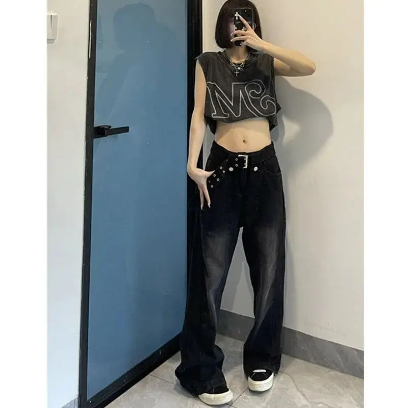 

New Fashion High-quality Niche Design Sense High Street Washed Jeans Women's Retro Slim Slim Loose Straight Wide-leg Pants