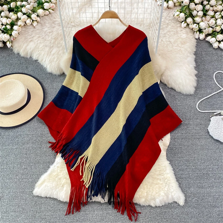 

European Fashion Striped Sweater Pullover Tassel Autumn Winter Knitted Sweaters Female Batwing Sleeve Poncho Sueter Mujer