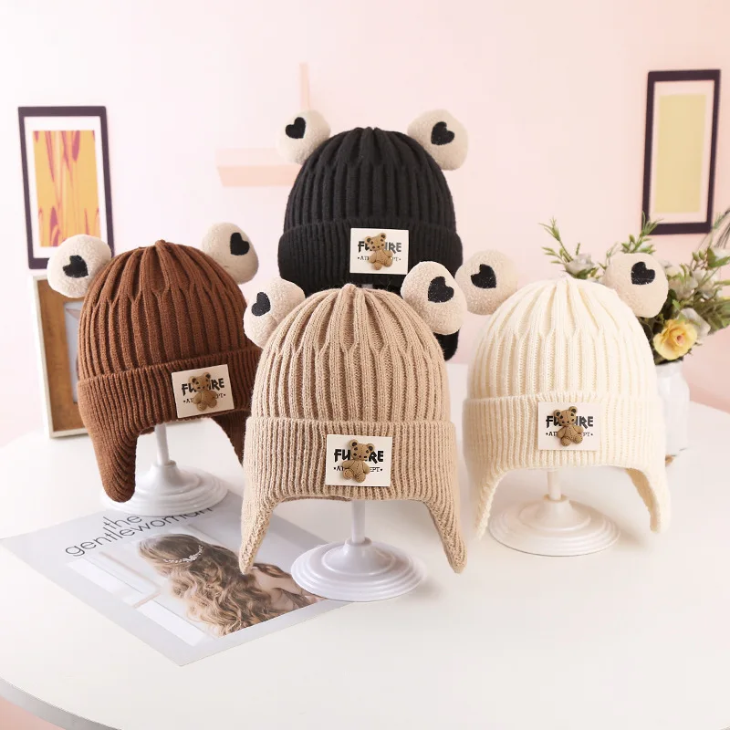 

Baby Hat Autumn Winter Thickened Warm Ear Protection Knitted Hats For Girls Boys Children Cute Cartoon Frog Cold Proof Beanies