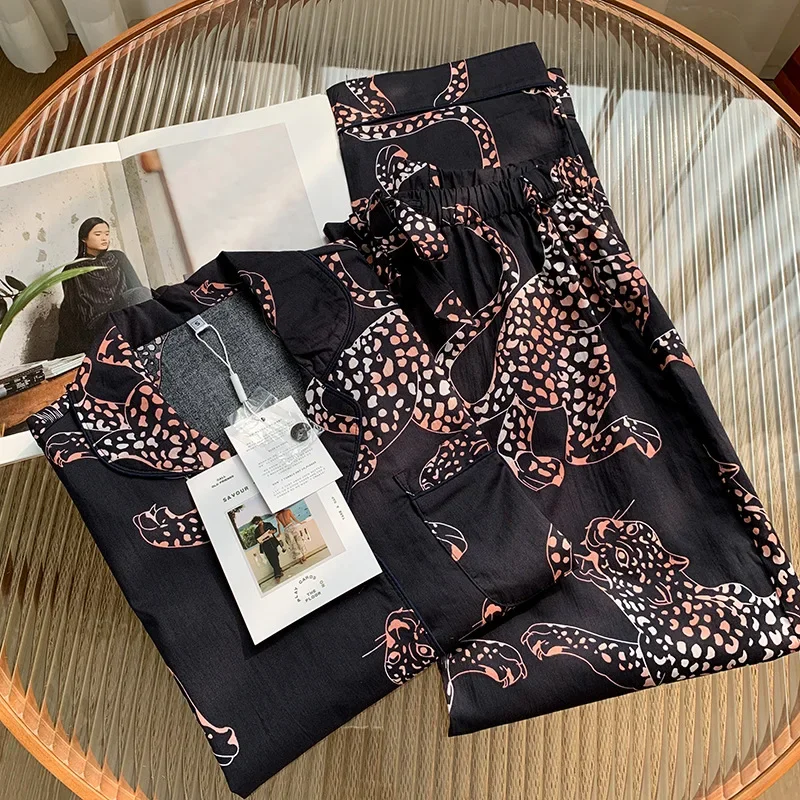 2025 Leopard Pajamas Women's Long-sleeved Navy Blue Pajama