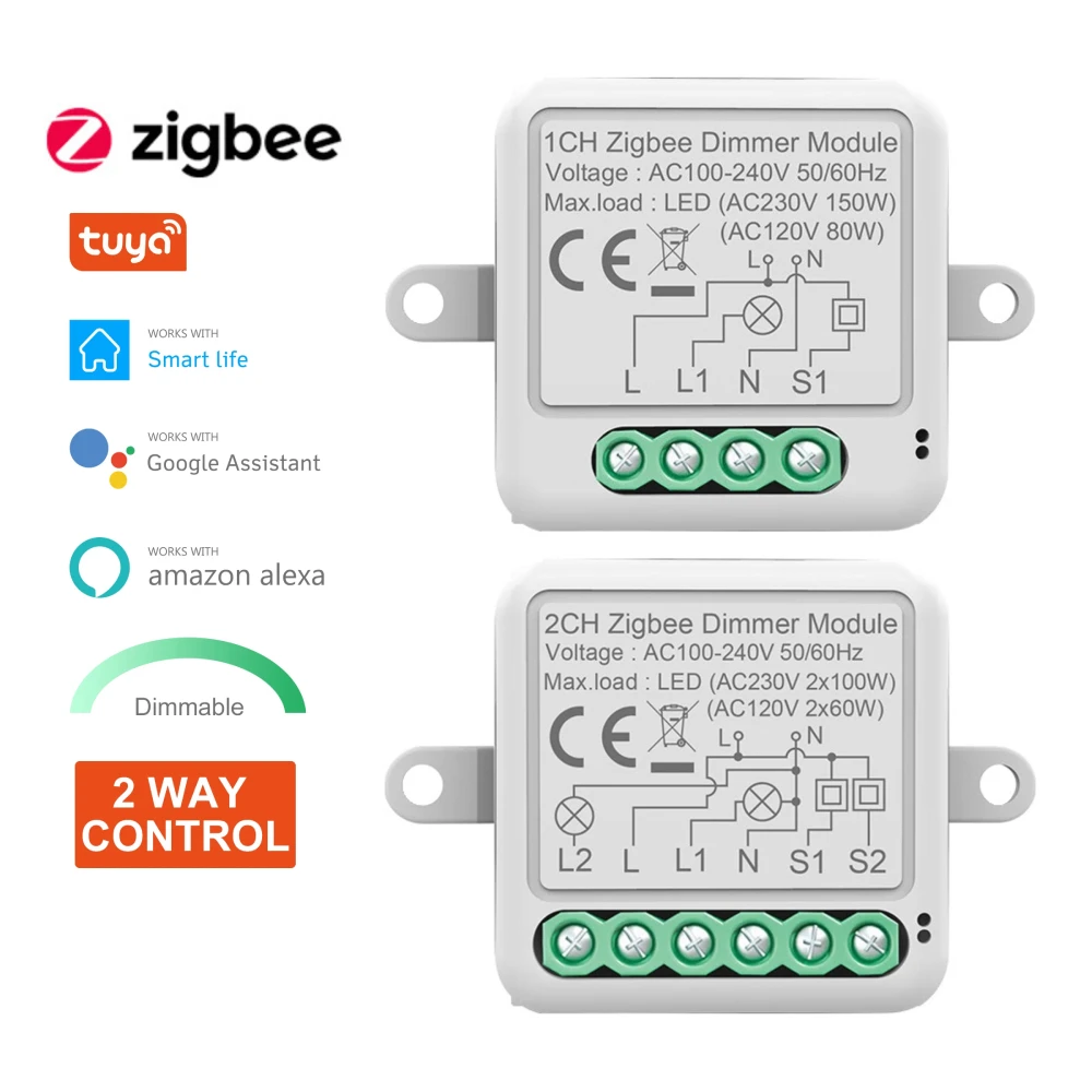 Tuya ZigBee 3.0 Smart Dimmer Switch Module 10A Supports 2 Way Control 1/2 Gang Dimmable Switch Voice Work with Alexa Google Home