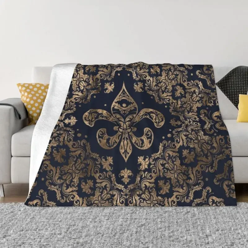 

Флисовое одеяло с орнаментом золотого, темно-синего цвета, фланелевое одеяло с цветами лилии, королевские лепестки, одеяла, постельное белье, офисное покрывало