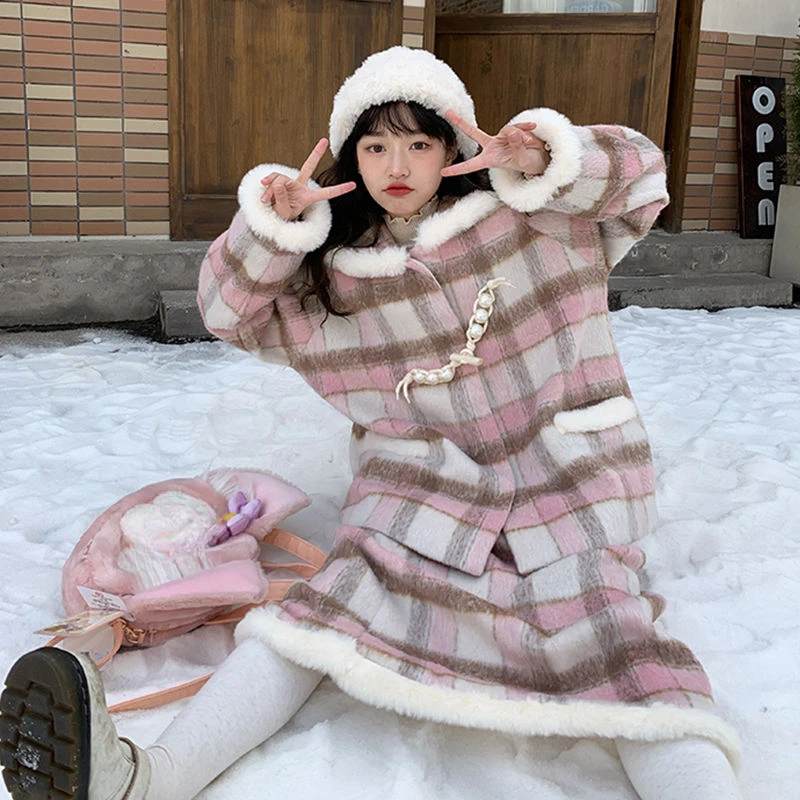 

Pink Plaid Tweed Two-piece Sets Women Outfit Autumn Winter Korean Cute Sweet Fashion Navy Collar Jackets and Long Skirt Suits