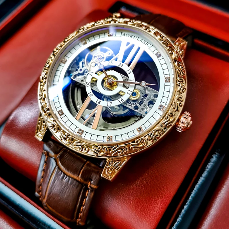 

Aokulasic Men Watch Automatic Self-wind Luxury Brand Mechanical Watches Mens Hollow Waterproof Retro Wristwatch Reloj Hombre
