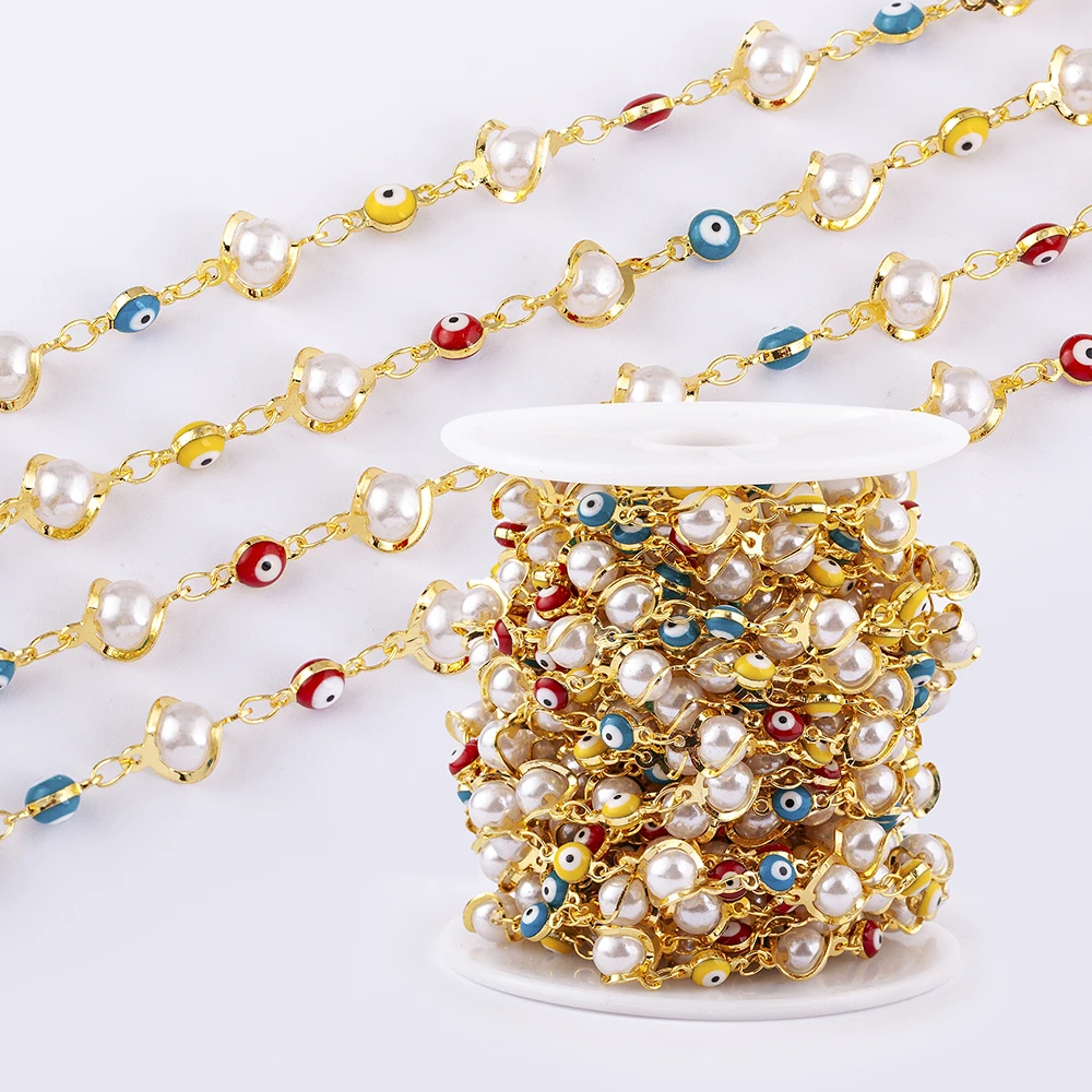 

8mm Pearls Beaded Chains Jewelry Findings Making Fashion New DIY Evil Eye Beads Gold Chain for Bracelets Necklace Ankles