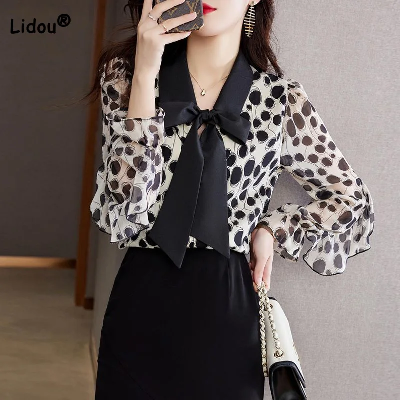 Women's New 2023 Autumn Fashion Polka Dot Shirts Scarf Collar Splicing Ruffled Bow Lace Up Decoration Loose Chiffon Blouses