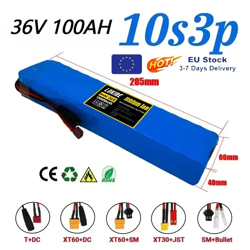 Batterie au Lithium Rechargeable 36V 100Ah 18650 10S3P 1000W batterie de Scooter électrique 36V modifiée avec BMS, SYP XT60 JST