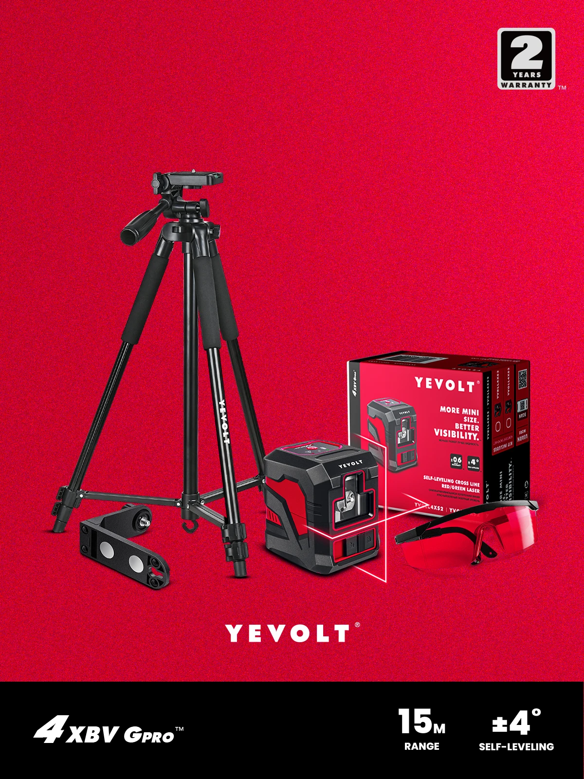 

YEVOLT TP-YVRLL4XS2-GL Cross Line Red Laser Level Kit 2-Line Magnetic Holder Enhancement Glasses Tripod Measuring Tools Machine