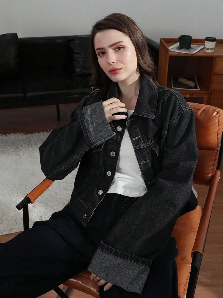 HH Women Solid Lapel Denim Jacket Single Breasted Long Sleeve Jackets 2025 Fashion High Street Lady Outerwear Denim Coats