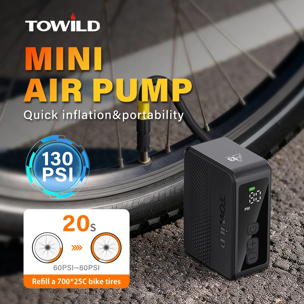 TOWILD A13 Electric Bicycle Inflator Max 130PSI Mini Portable Bicycle Air Pump For AV/FV Tire Inflator Outdoor Bike Accessories