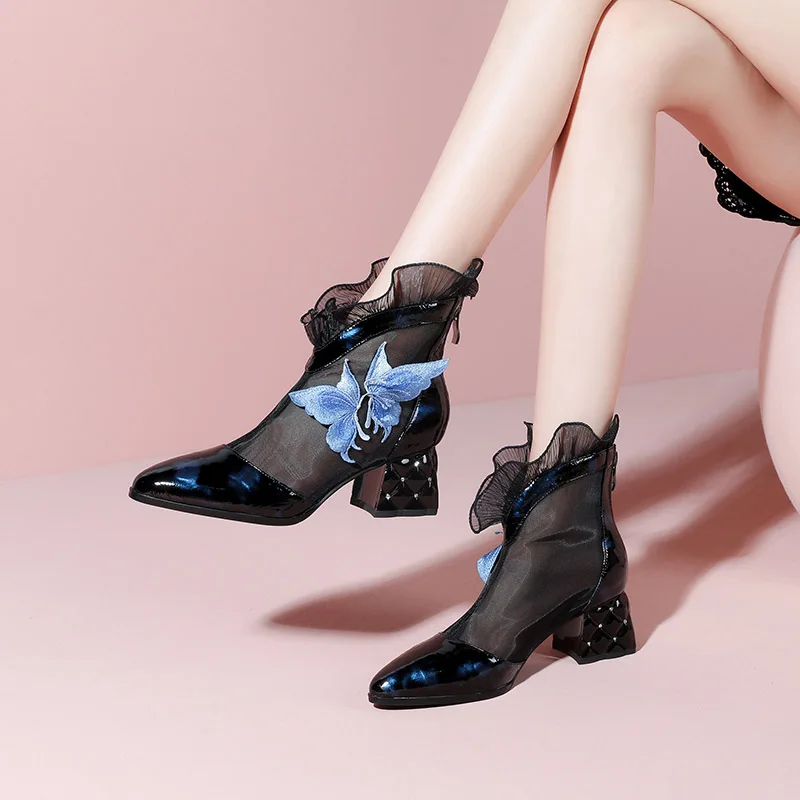 

Phoentin Butterfly embroidery summer boots Genuine leather Mesh ethnic Shoes for Women Chunky Heel Zip ankle Boot size 42 FT2360