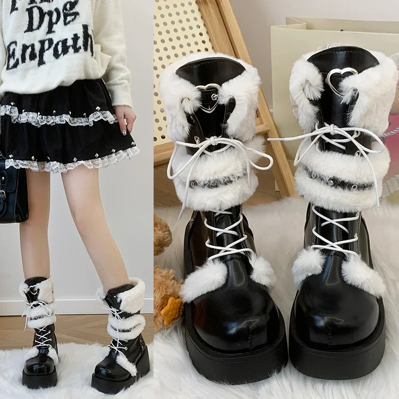 

Lolita Shoes Woman Furry Boots Winter 2023 Platform Heels Wedge Cosplay Kawaii Women's Mid Calf Booties Gothic JK Japanese Style