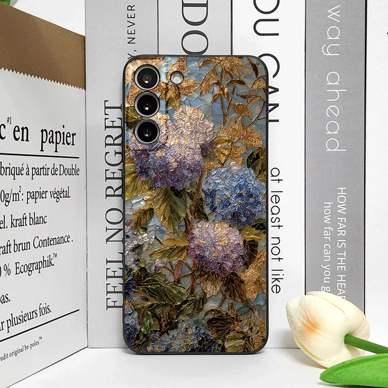 Blue Hydrangea Pattern Frosted Soft Phone Case with Abstract Flower Design
