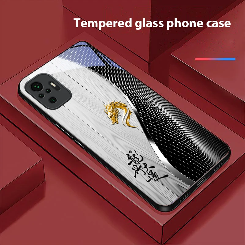 Elegant Black Tempered Glass Phone Case with Traditional Dragon Totem Design