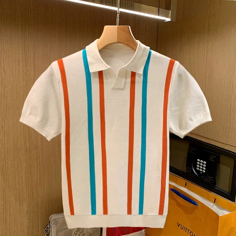 

Fashion Lapel All-match Striped Polo Shirts Men's Clothing 2023 Spring Loose Casual Pullovers Short Sleeve Korean Tee Shirt G115