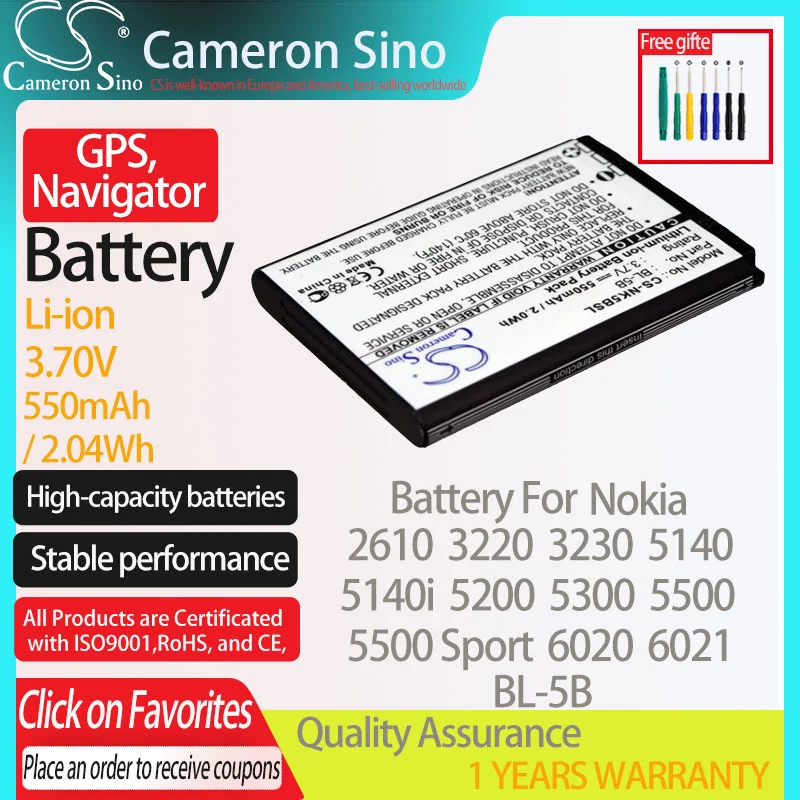 Cameronsino Batteria Per Nokia 2610 3220 3230 5140 5140I 5200 5300 5500 5500 Di Sport 6020 Adatto A Nokia Bl-5B Gps, Navigatore Batteria