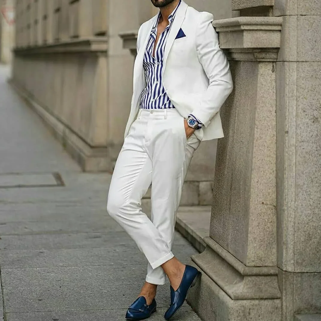 Fashion White Casual Suits Groom Tuxedo Slim Fit Prom Blazer Hombre High Street High Quality Custom 2 Piece Set Costume Homme