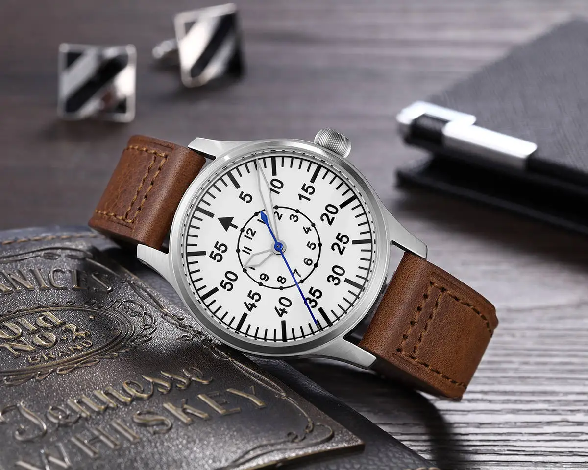 Pilot Automatic Watch With Super BGW9 Luminous Dial Stainless Steel Case  Sapphire Crystal High Grade Genuine Leather Strap