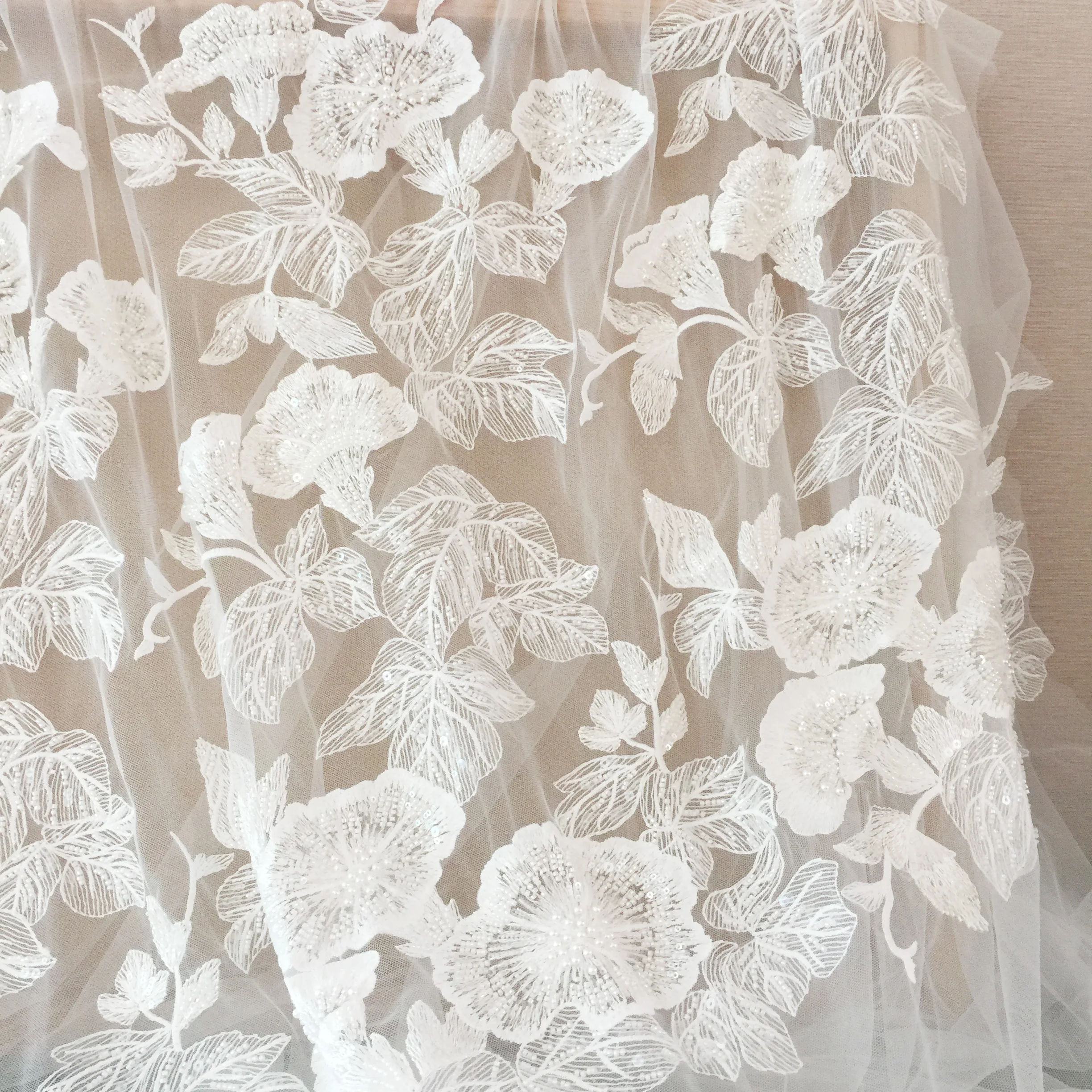 Delicate Off-white Leaf Pattern Lace Fabric by the Yard - OneYard