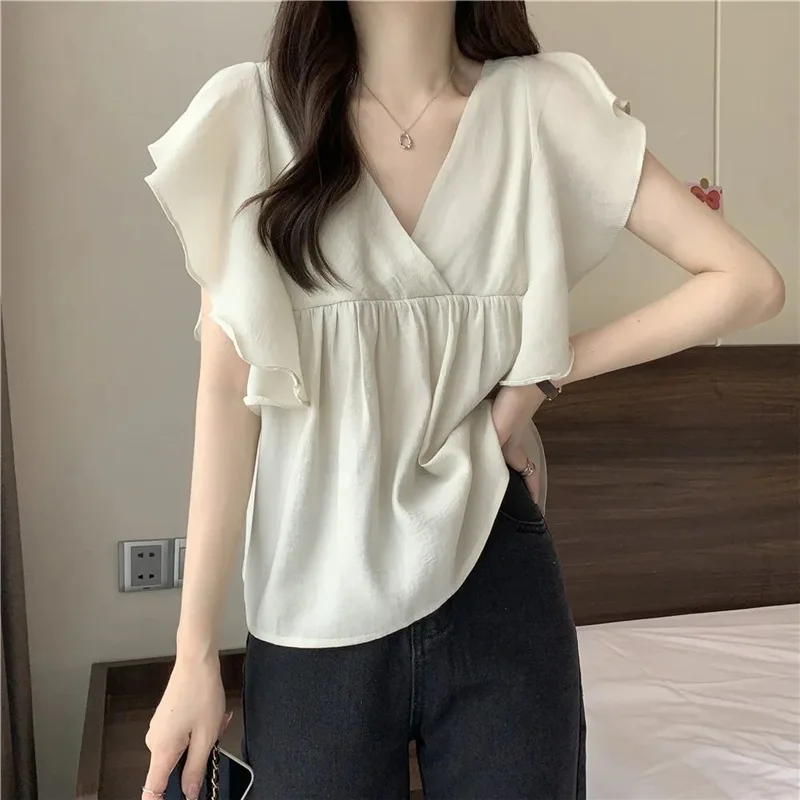 Women Clothing Korean Style Ruffle Y2K Chic Kawaii Blouse Summer V Neck Flying Short Sleeve Shirt Solid Loose Tops Female Blusas