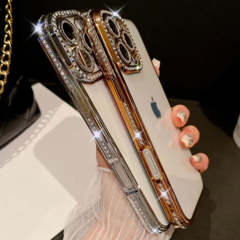 Luxury Plating Flash Diamond Bumper Phone Case with Shiny Rhinestone Lens Cover
