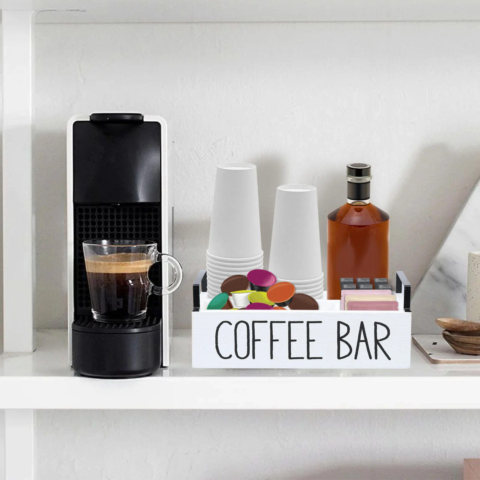 Organizzatore Da Bar In Legno Per Caffè E Tè – 5 Scomparti, Stazione Vintage Con Scritta 'Coffee Bar', 32x21x13 Cm, Nero
