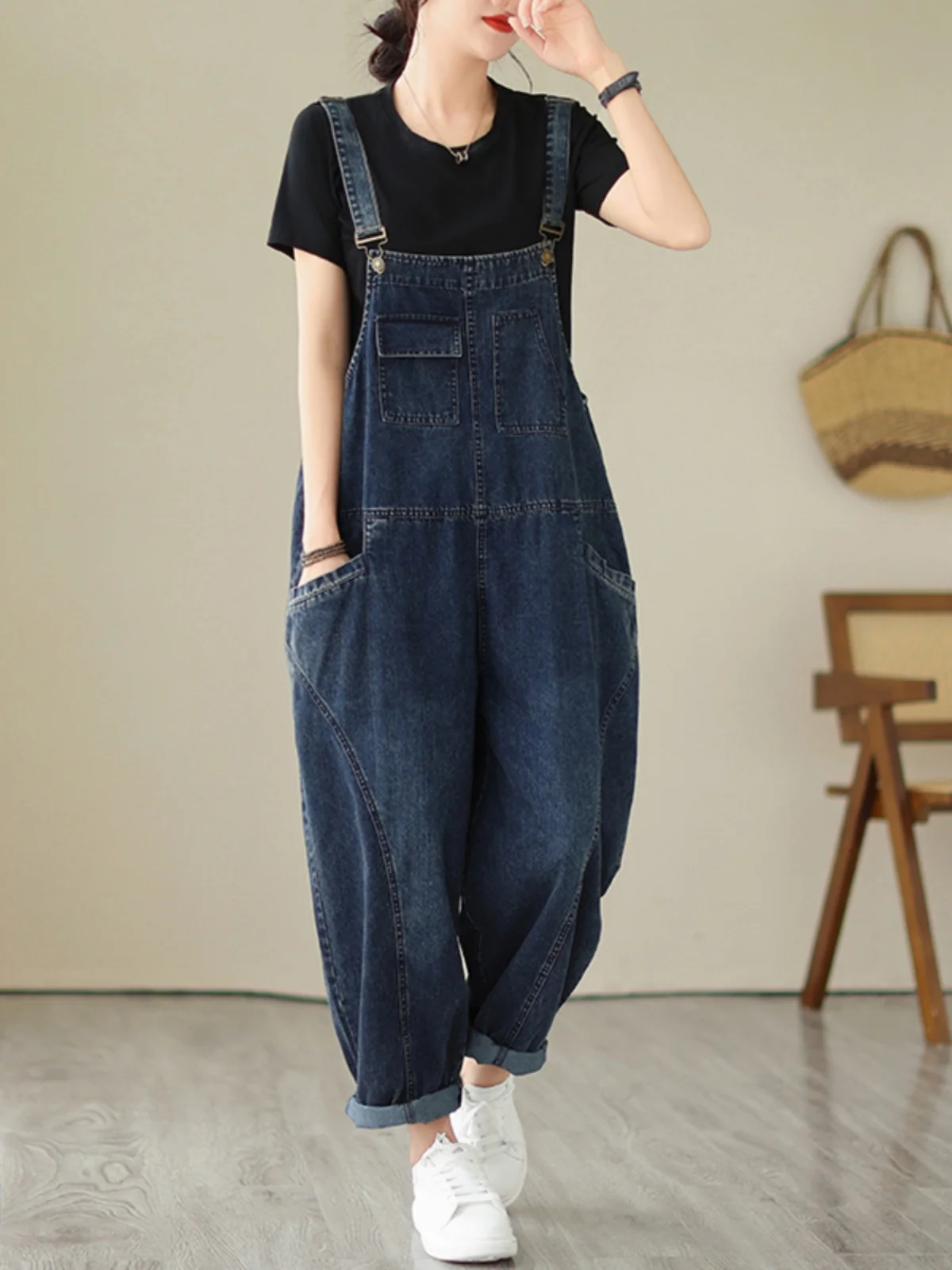 Fall Women's Loose Jeans Overalls Deep Blue High Waist Design Sensation plus Size Faion plus Size Women's Loose Slimming
