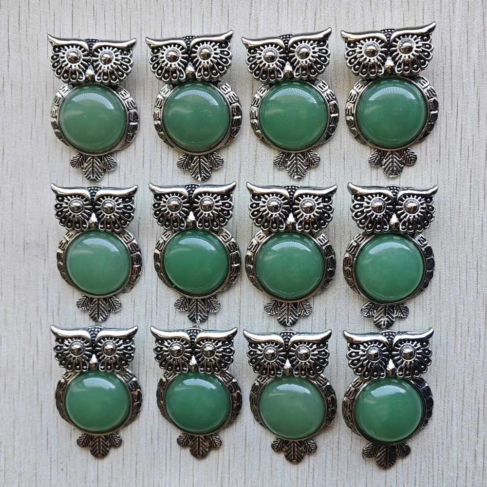 

Fashion Vintage silver Plated Owl Natural green aventurine stone pendants for jewelry making wholesale 12pcs/lot free shipping