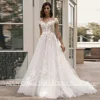 Woman Wedding Dress Customized Cap Sleeve Scoop Neck Lace Applique Sweep Train Illusion Back Buttons Princess Bridal Gown 1
