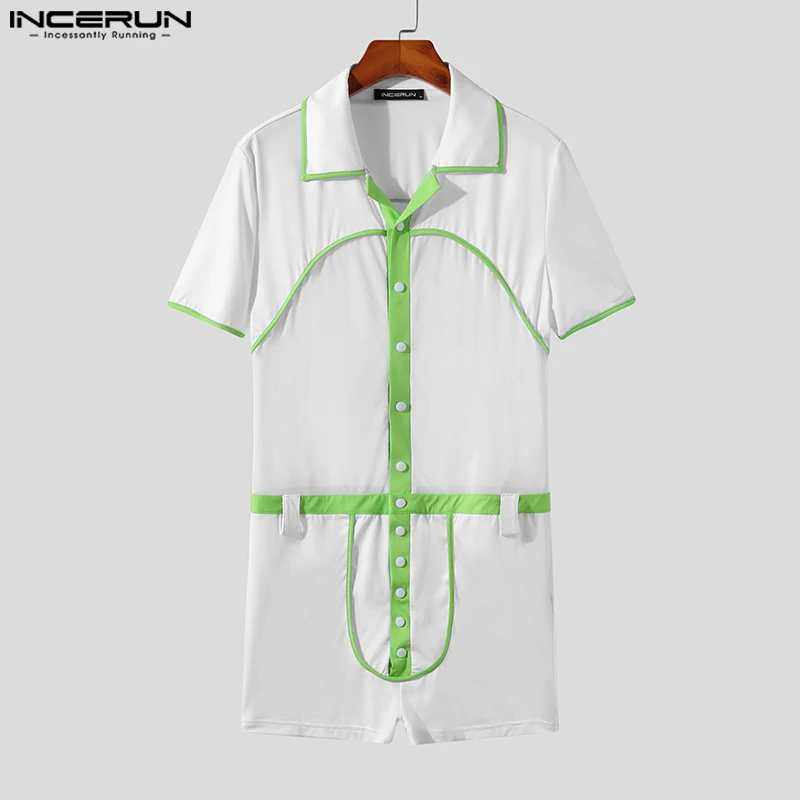 INCERUN 2023 Sexy Men's Homewear Bodysuits Splice Contrast Design Bodysuits Fashionable Short Sleeve Flat Angle Jumpsuits S-5XL