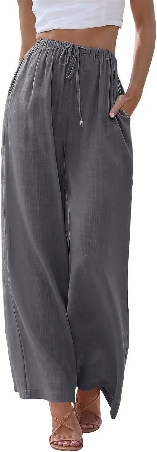 Women's New Linen Summer Drawstring Wide Leg Pants Flowy Wide Leg Beach Belt Pocket