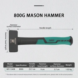 Heavy - Duty Masonry Hammer with Fiberglass Handle & No - Slip Cushion Grip (800G)