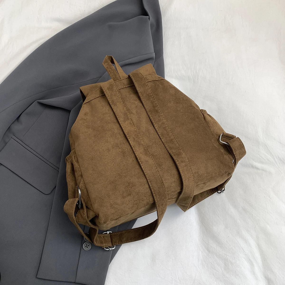 Handmade Niche Suede Korean-Style Drawstring Backpack, Lightweight Double-Pocket Simple Suede Women's Backpack, Hiking Bag for Trekking, Shopping, Outings, and Work