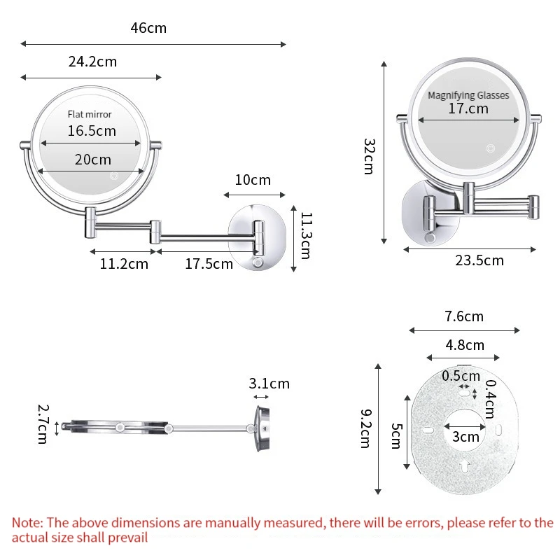 Rechargeable Wall Makeup Mirror Lamp 3x-10x Double Side Touch Led 3-color Light Adjustable Rotary Bathroom Cosmetic with Mirrors