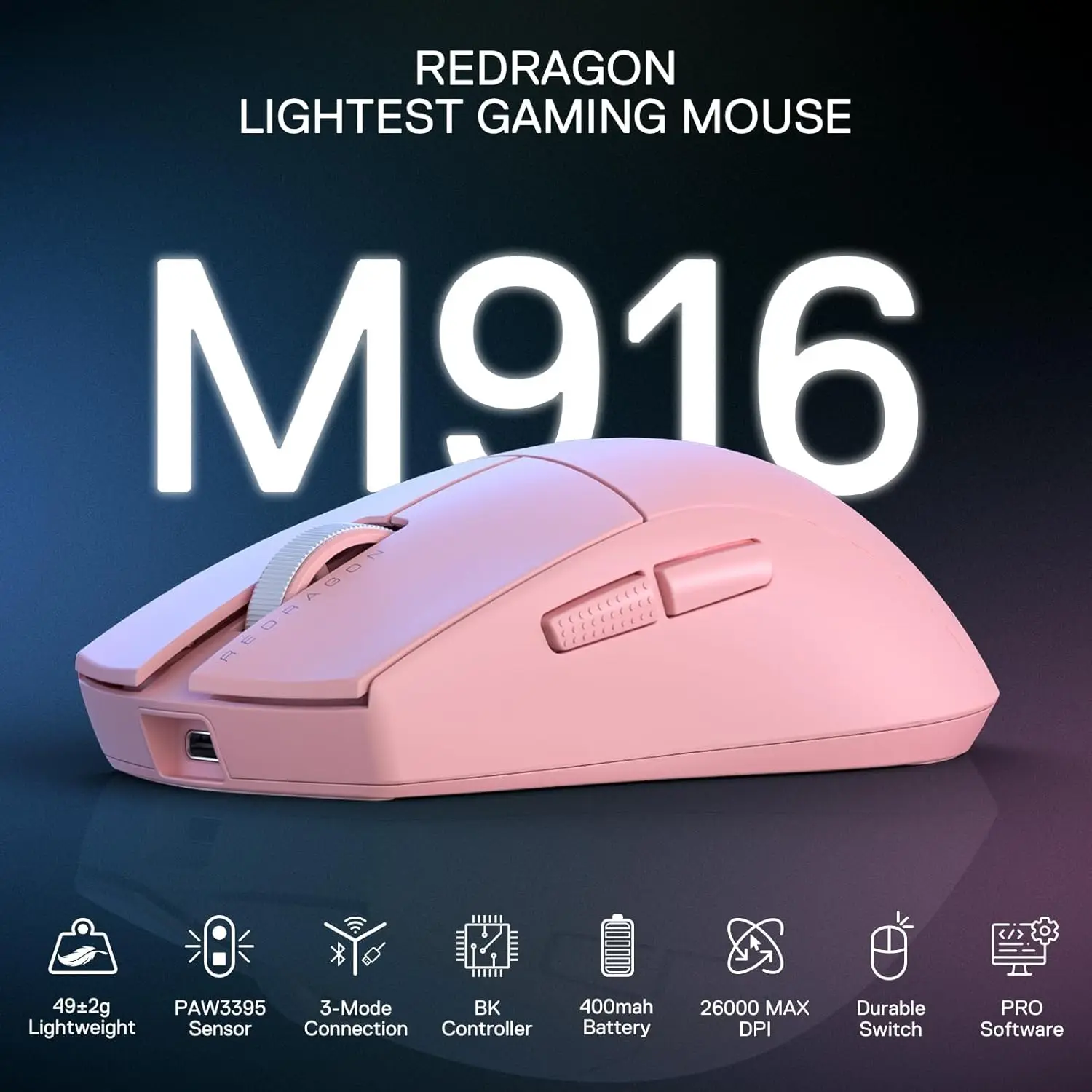 Redragon M916 PRO Wireless Gaming Mouse 3-Mode 49G Ultra-Light 26K DPI