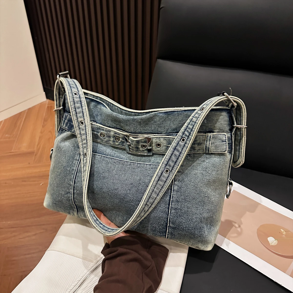 Denim Handmade Bag Women's 2025 New Retro Tote Bag Handbag Crossbody Bag Washed Literary Shoulder Bag Work Shopping Daily Travel