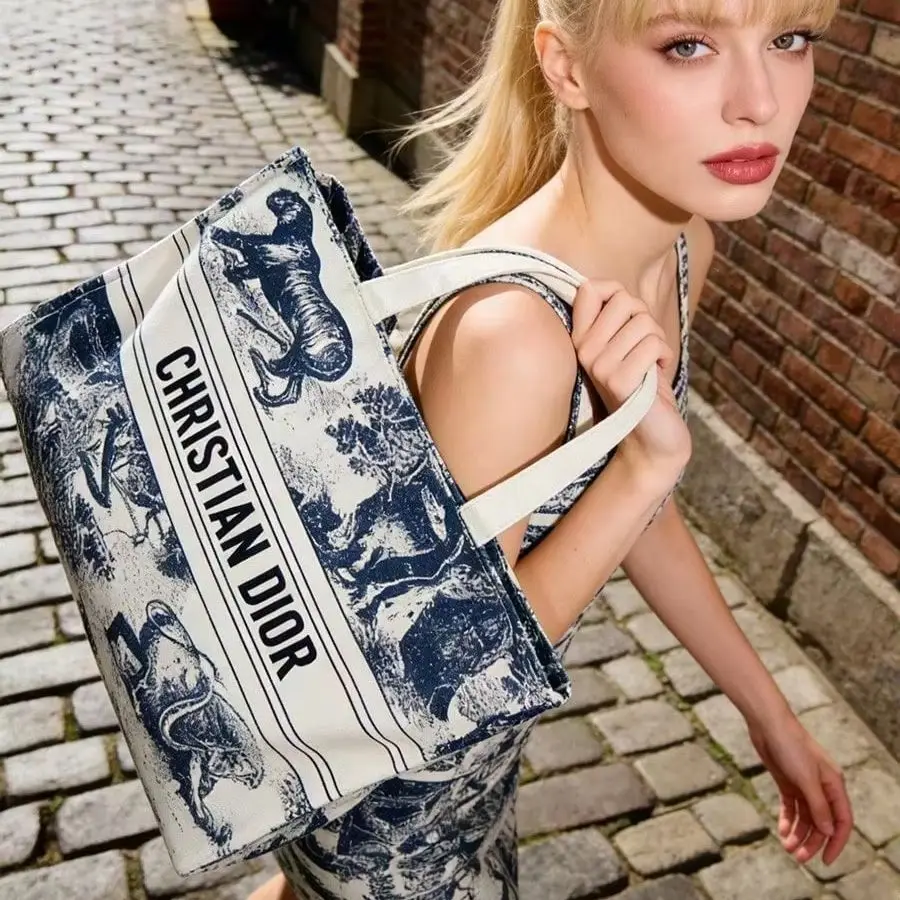 Borsa di Dior, modello Dior Style Canvas Tote Bag, con stampa animalier, grande borsa portatile da donna, ideale per viaggi, pendolarismo, regalo di compleanno, Powder Puff - immagine 2