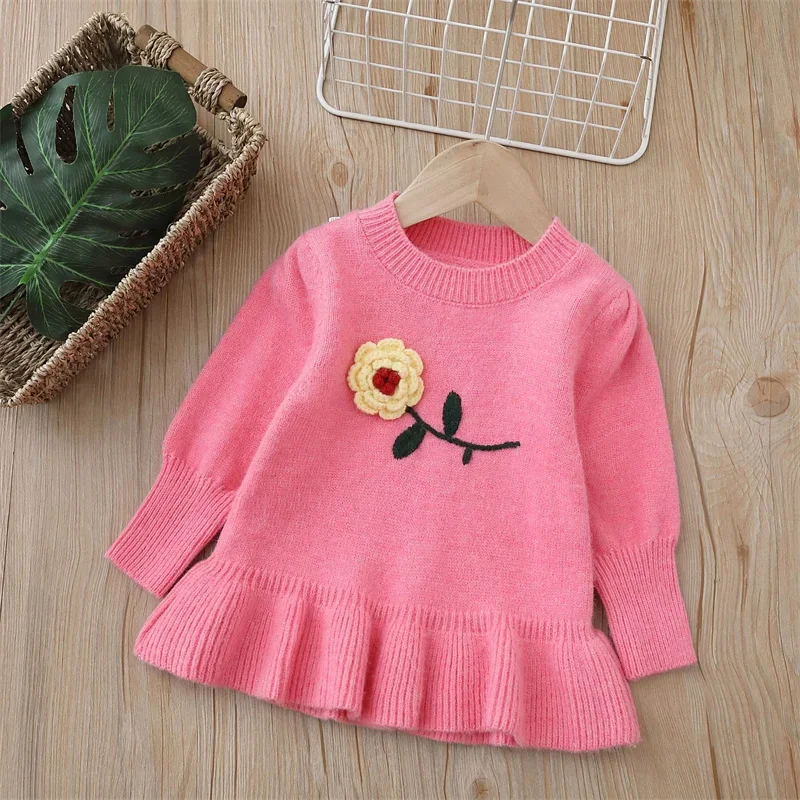 

Girl's Knitting Long Sleeve Flower Dress Winter and Autumn New Girl Baby Retro Cheongsam Lotus Leaf Knitted Wool Dress