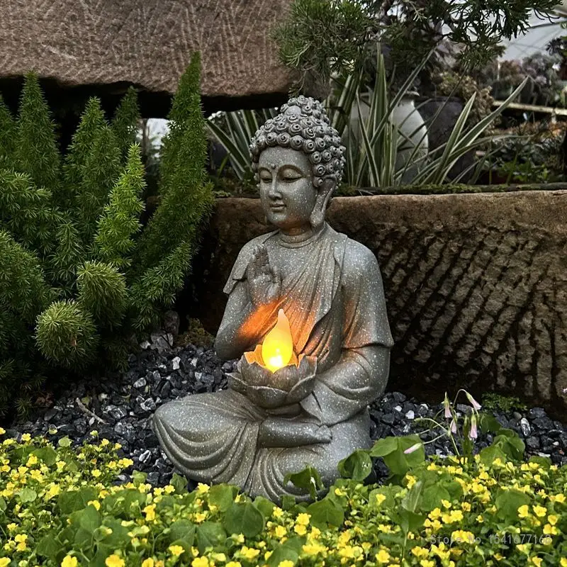 Chinese Style Garden Courtyard Layout Landscaping Buddha Sculptures Home Furnishings Solar Lights Decor Zen Outdoor Ornament 1Pc