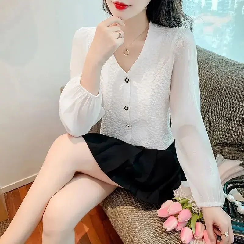 우아한 쉬폰 긴팔 브이넥 블라우스, 귀여운 상의, 슬림해 보이는 부드러운 실루엣 가디건, 2023 패션, 여름 신상