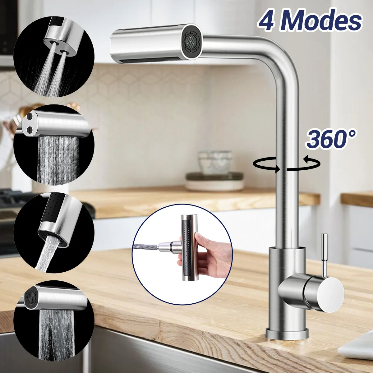 Kitchen Basin Faucets Pull Out 360° Rotation Waterfall Stream Sprayer Head Hot And Cold Water Sink Mixer Tap 3 Modes Adjustable