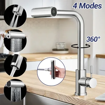 Kitchen Basin Faucets Pull Out 360° Rotation Waterfall Stream Sprayer Head Hot And Cold Water Sink Mixer Tap 3 Modes Adjustable