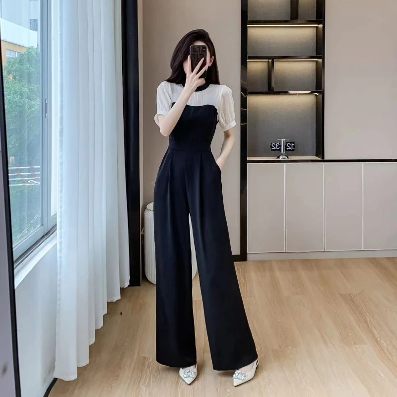 

Fashion O Neck Women Jumpsuits 2024 Summer Short Sleeve Wide Leg Overalls Casual Loose Patchwork Draped Rompers