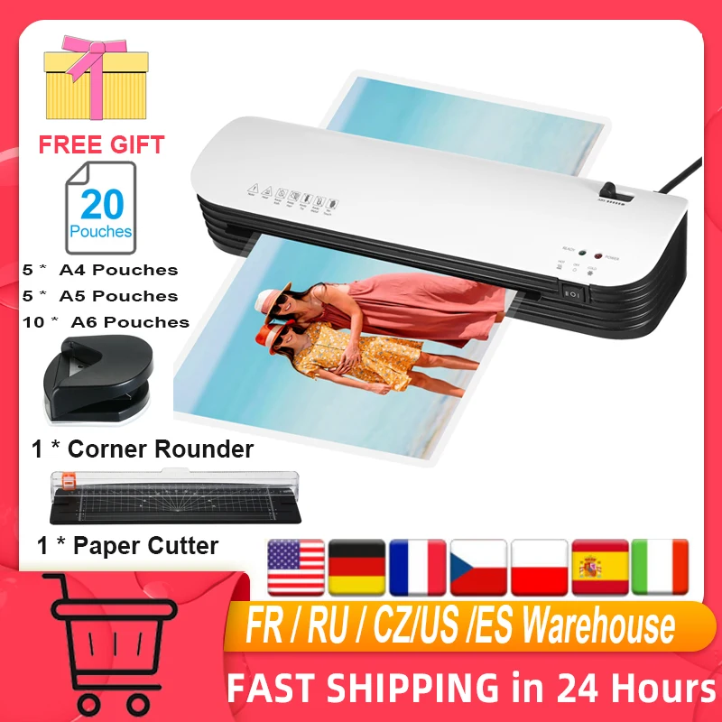 SL299 Laminator Machine Set A4 Size Hot and Cold Lamination 2 Roller System w/ 20 Laminating Pouches Paper Cutter Corner Rounder