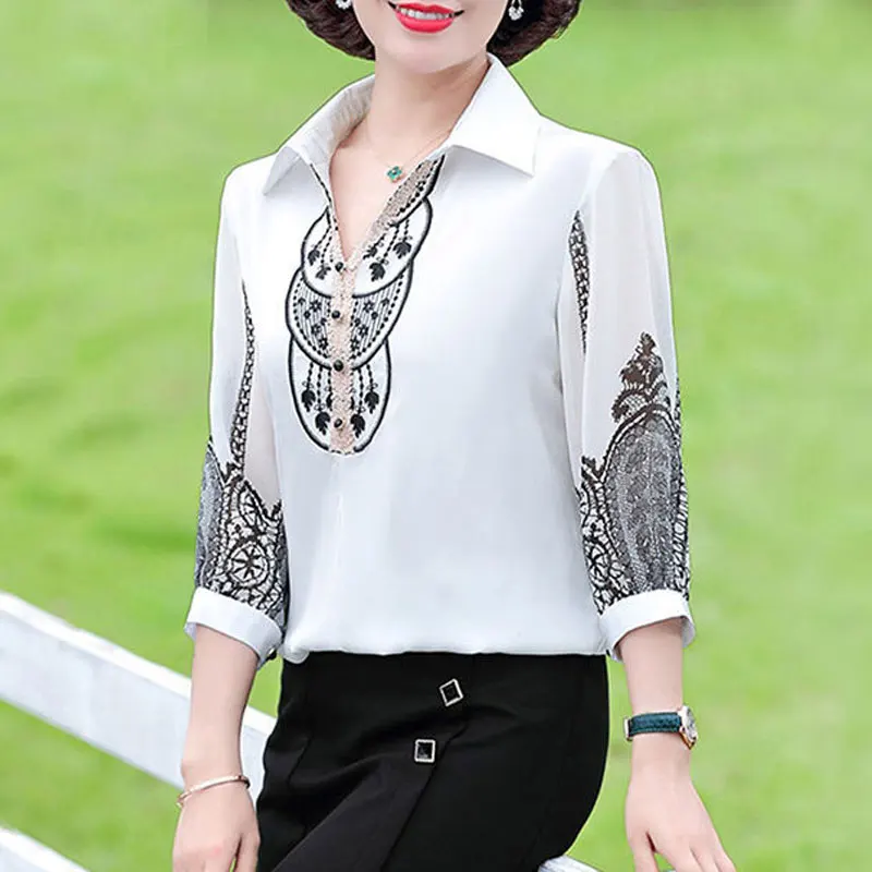 2024 New Fashion Lace Patchwork Shirt Vintage Summer Half Sleeve Female Clothing Casual Polo-Neck Button All-match Loose Blouse