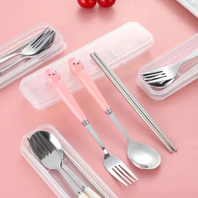 Cute Cartoon Travel Tableware with Case Portable Utensils Cutlery Set  Reusable Flatware Silverware Include Fork Spoon with Case - AliExpress