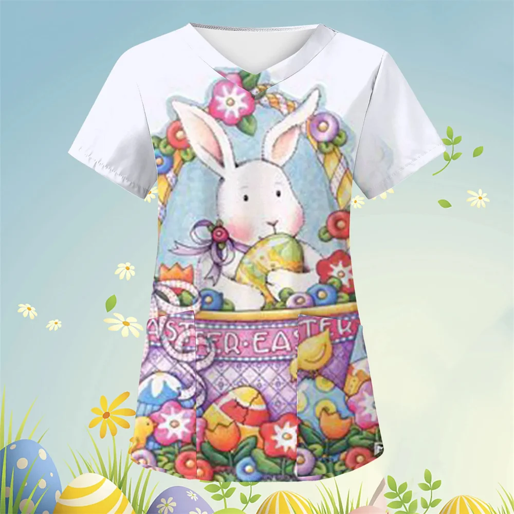 

2024 Easter Floral Print t shirt tops summer working Uniform animal printed slim top women work wear Nurse Uniforms Nursing new
