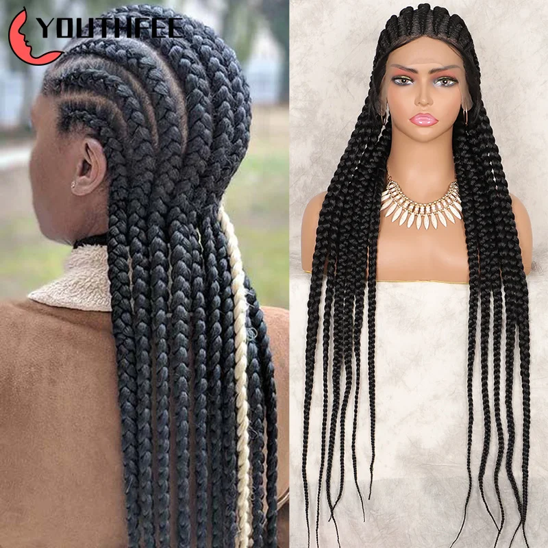 Youthfee Full Head Lace Braided Wigs 36" Cornrow Box Braids Wig With Baby Hair For Black Women Synthetic Lace Front Wigs