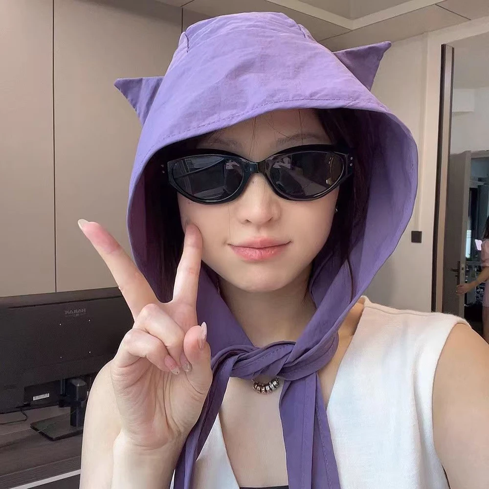 Korean Style Little Devil Horn Headscarf Solid Color Sun Cap Strap Hat Quick-drying Sunscreen Hat Beanie Cap Women Men 2025